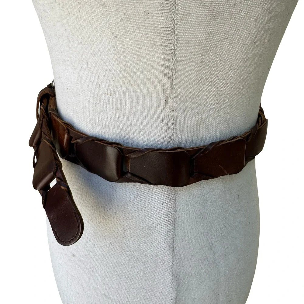 Gap Boho Western Rustic Brown Genuine Leather Braided Interlocking Link Belt XL